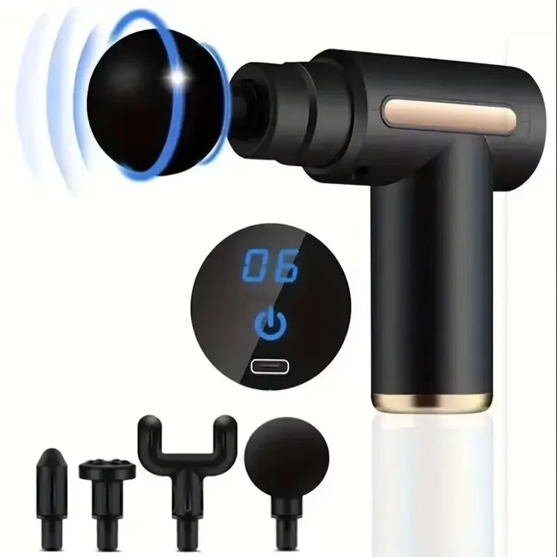 FrostDrop percussion massage gun with LCD speed display and USB-C charging, shown with interchangeable heads