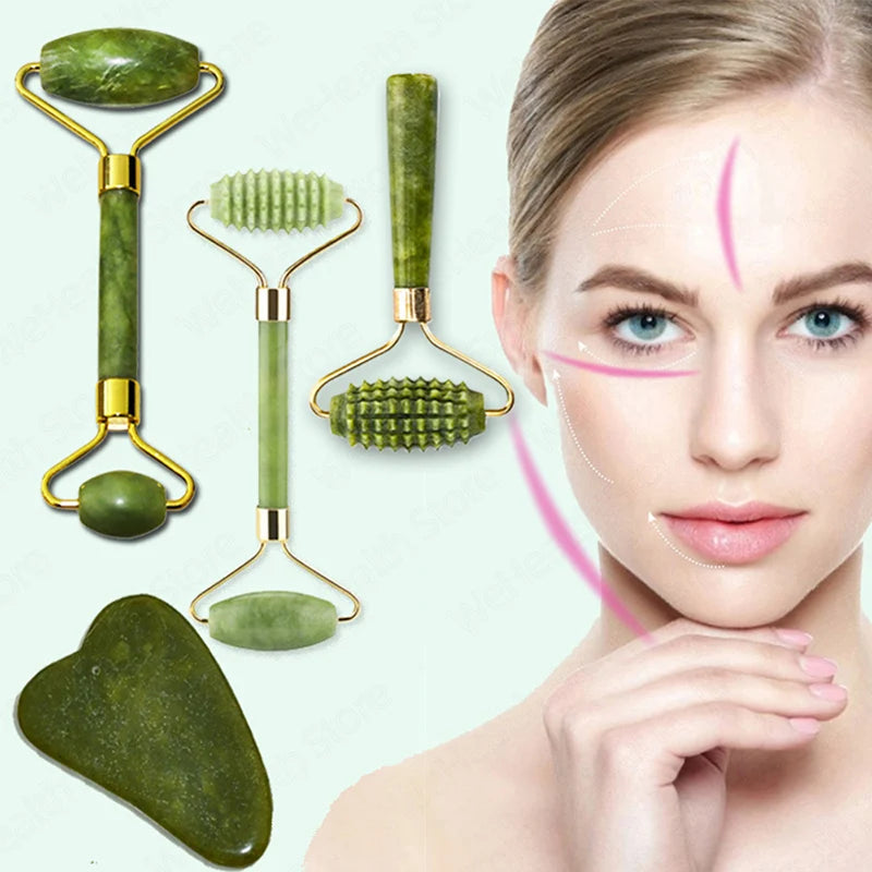 Jade Gua Sha & Roller Set — Facial Massage Tools for Glow & Lift