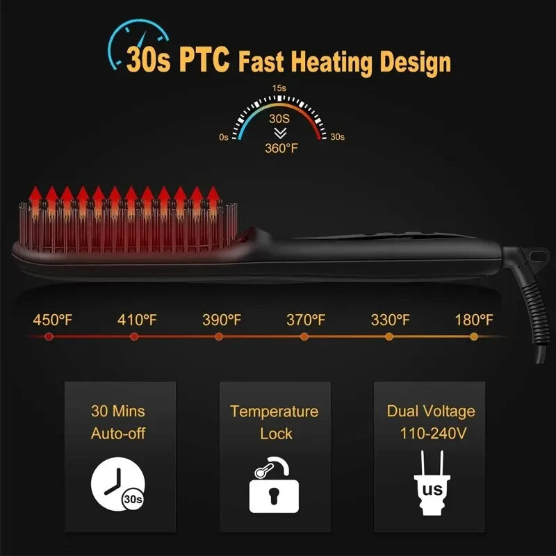 2-in-1 Hair Straightener Brush — Ceramic Heated Styling Comb, Anti-Scald