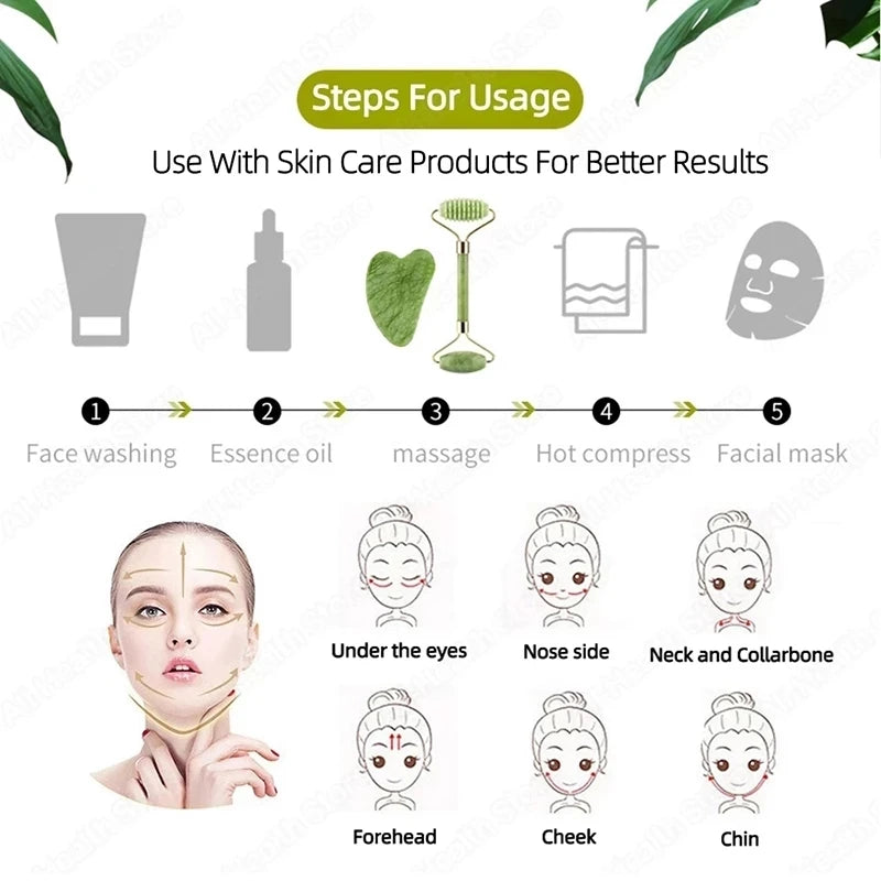 Jade Gua Sha & Roller Set — Facial Massage Tools for Glow & Lift