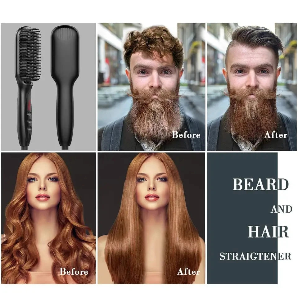2-in-1 Hair Straightener Brush — Ceramic Heated Styling Comb, Anti-Scald