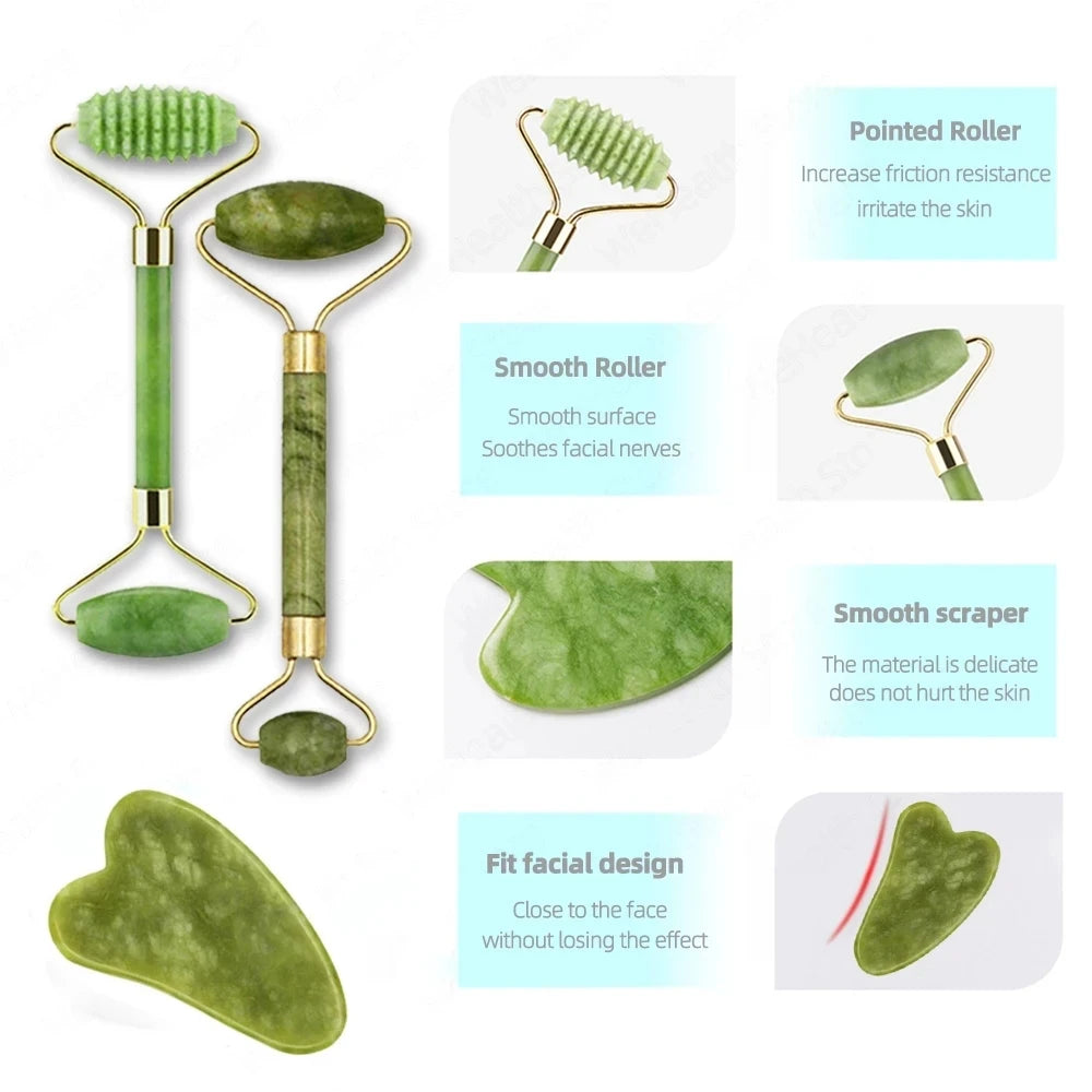 Jade Gua Sha & Roller Set — Facial Massage Tools for Glow & Lift