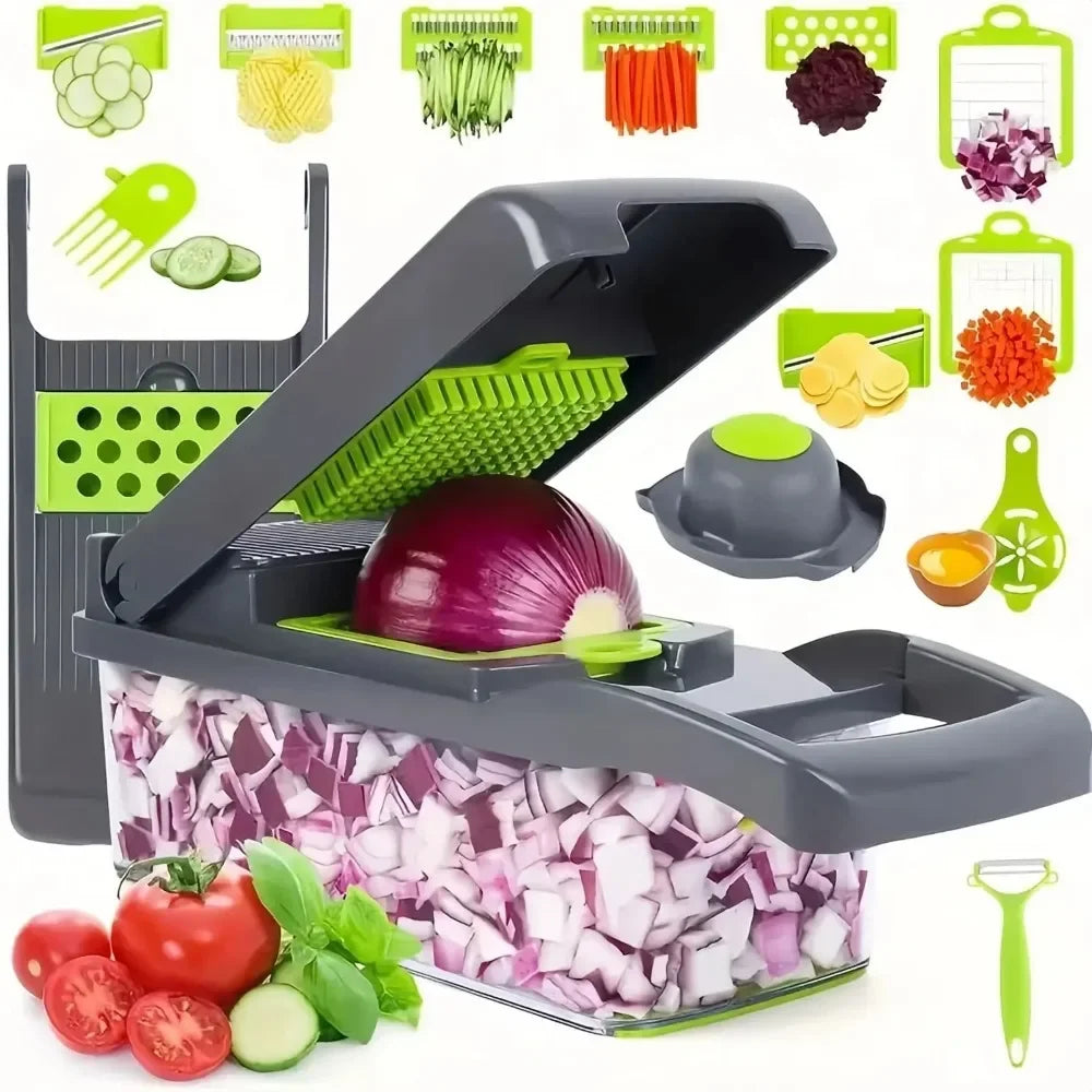 14-in-1 vegetable chopper with blades and built-in catch container full of diced onion