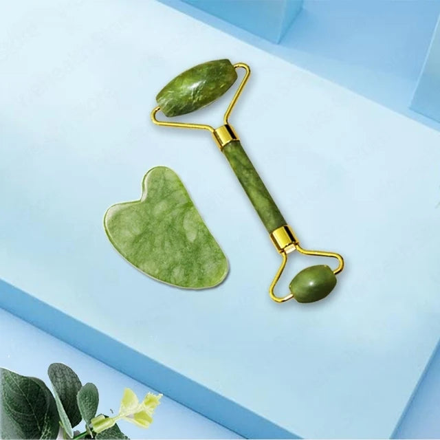 Jade Gua Sha & Roller Set — Facial Massage Tools for Glow & Lift