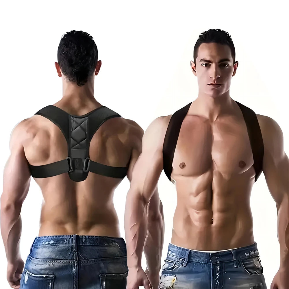 Person wearing a black adjustable posture corrector brace across the shoulders and upper back