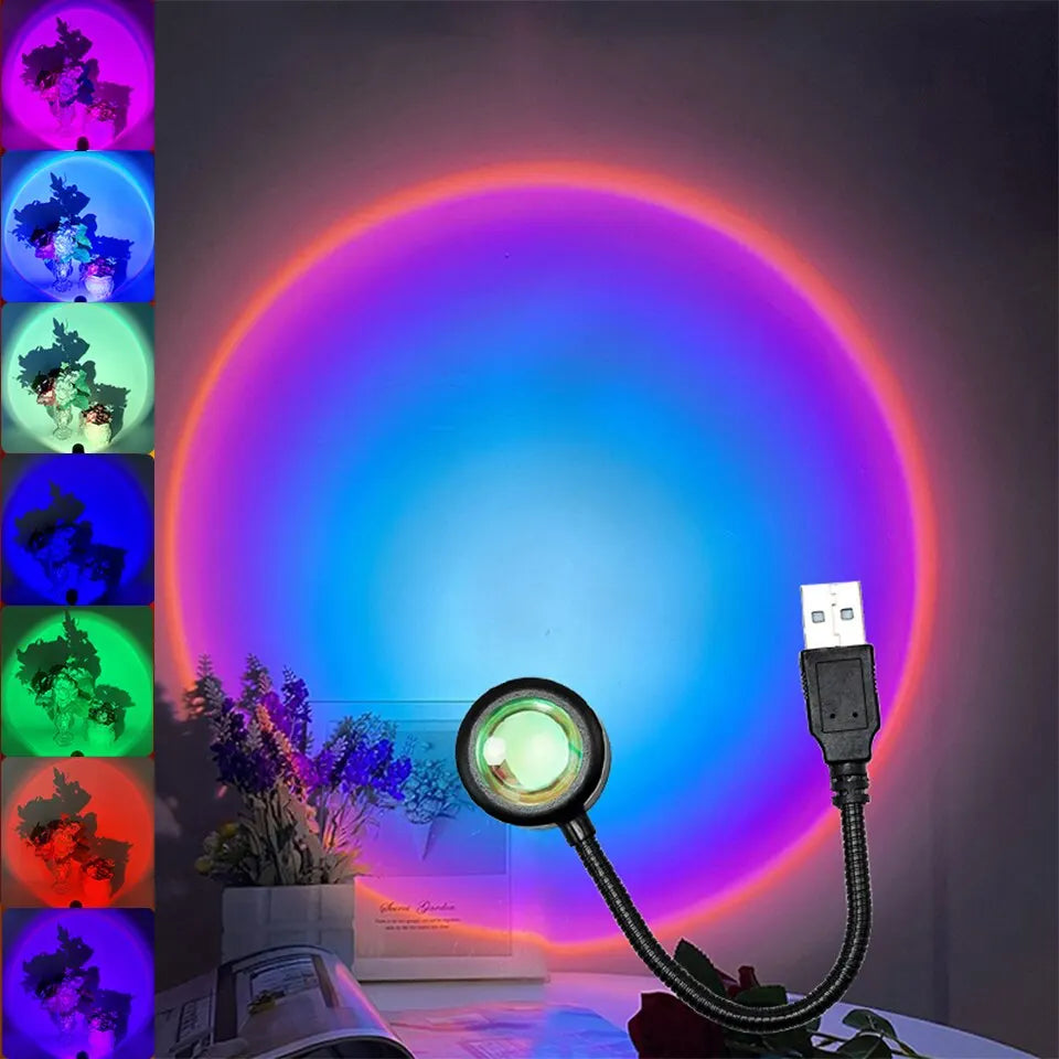 RGB sunset lamp projecting a warm orange halo of light onto a wall