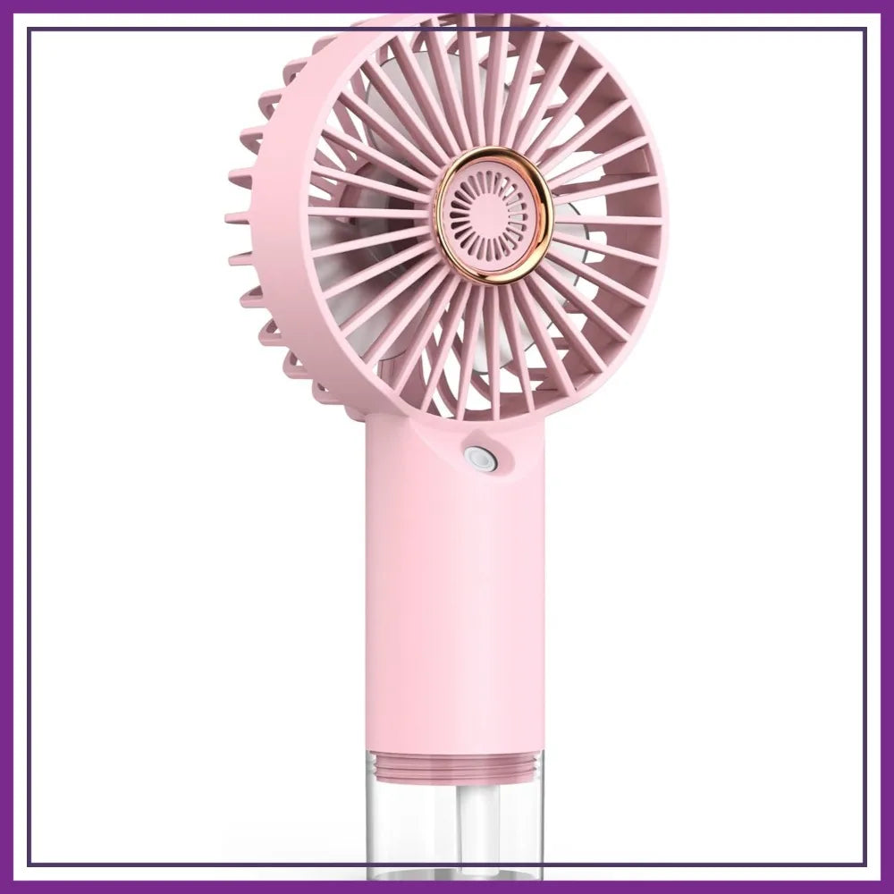 MistBreeze portable handheld misting fan in pink with water tank for personal summer cooling