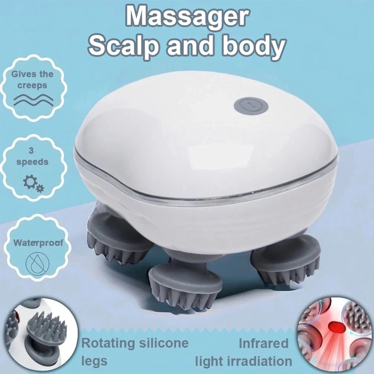 White waterproof electric scalp massager with rotating silicone massage nodes and three speeds