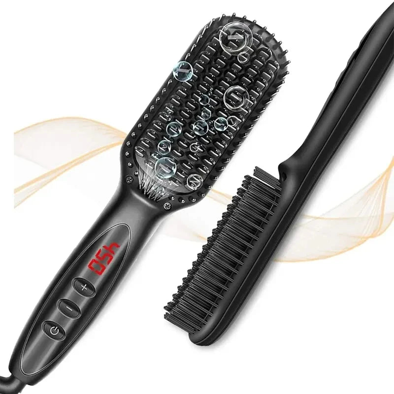 2-in-1 Hair Straightener Brush — Ceramic Heated Styling Comb, Anti-Scald