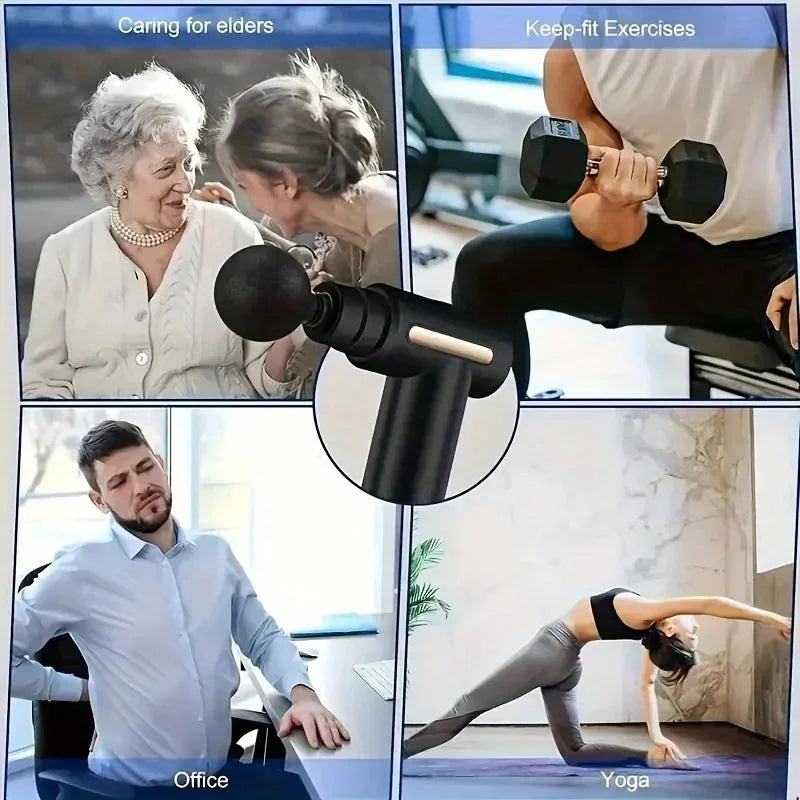 FrostDrop percussion massage gun used for elderly care, gym recovery, office back relief and yoga