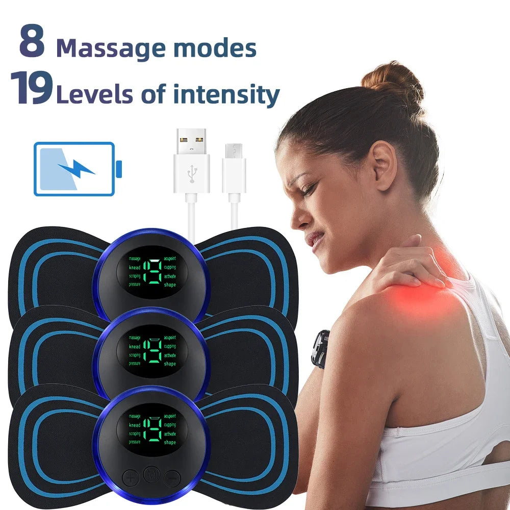 Cordless EMS neck massager with digital display showing 8 modes and 19 intensity levels, worn on the shoulder