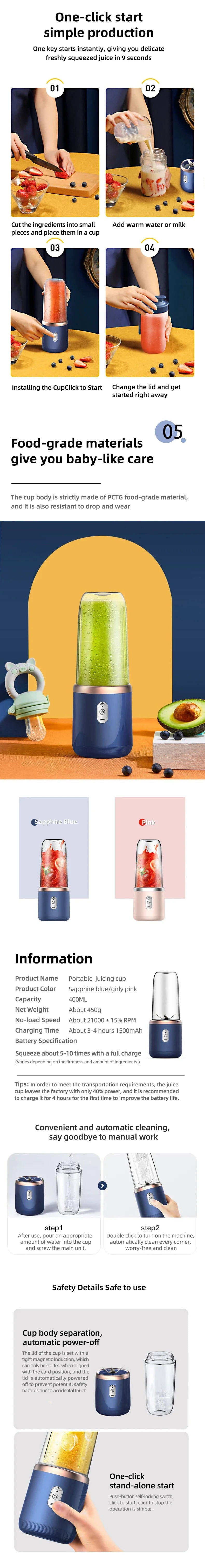 Portable Blender — 6-Blade USB Rechargeable Smoothie Maker (400ml)
