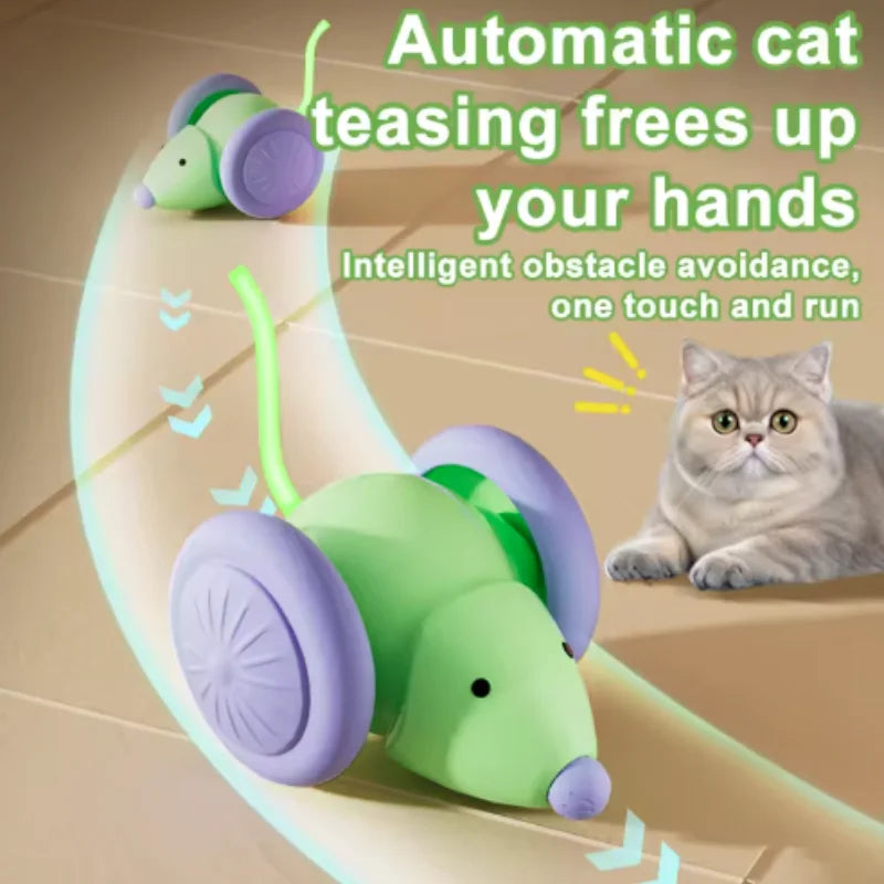 Smart Chase self-driving interactive cat toy — green and purple electric mouse with auto obstacle avoidance and a cat watching