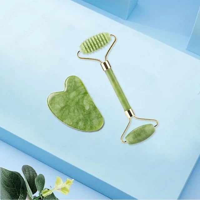 Jade Gua Sha & Roller Set — Facial Massage Tools for Glow & Lift
