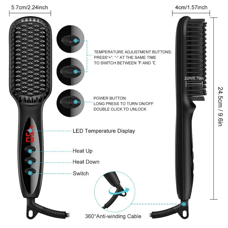 2-in-1 Hair Straightener Brush — Ceramic Heated Styling Comb, Anti-Scald