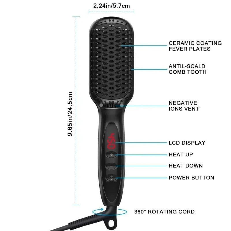 2-in-1 Hair Straightener Brush — Ceramic Heated Styling Comb, Anti-Scald