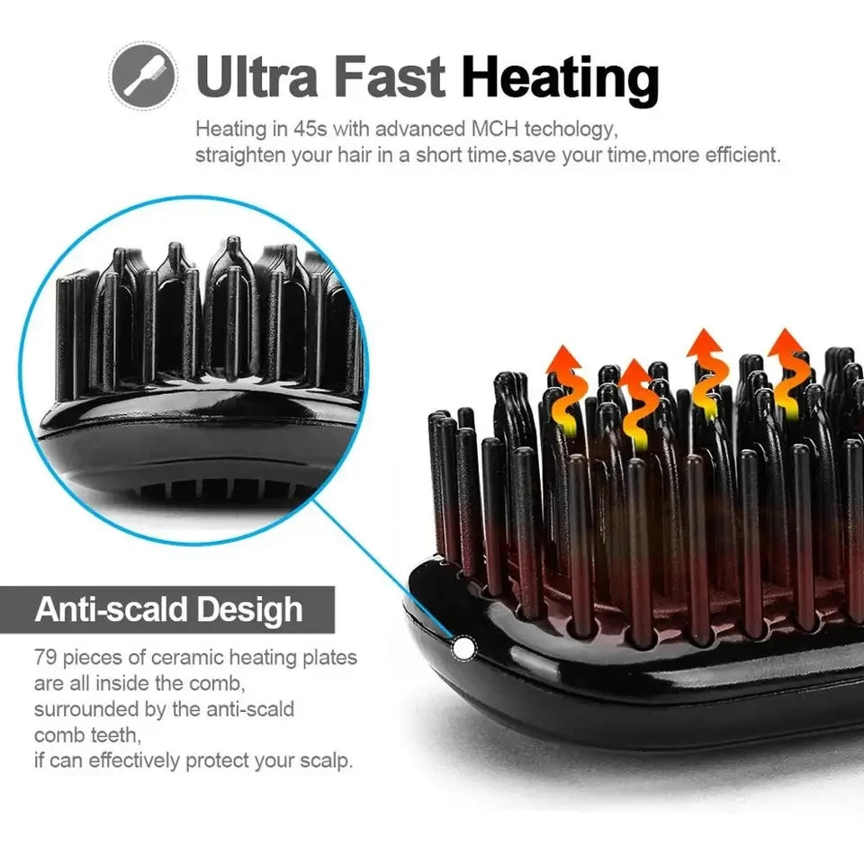 2-in-1 Hair Straightener Brush — Ceramic Heated Styling Comb, Anti-Scald