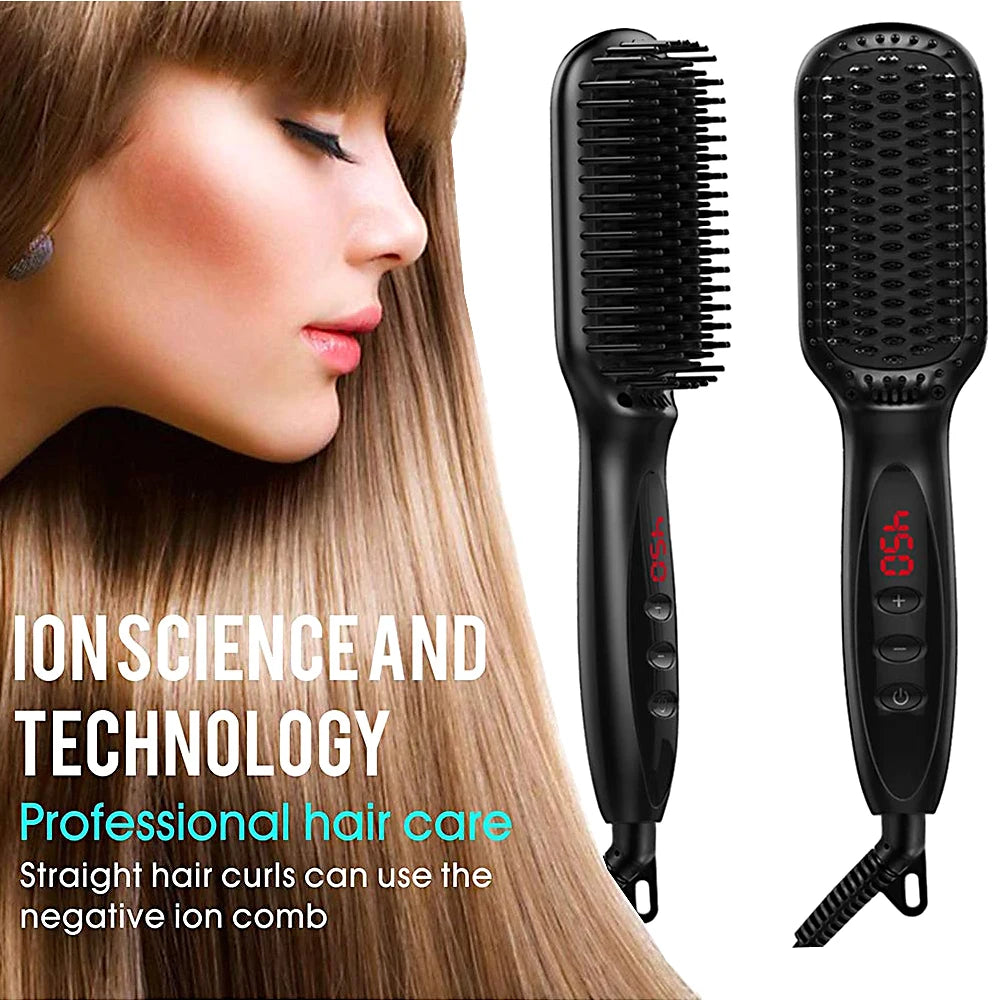 2-in-1 Hair Straightener Brush — Ceramic Heated Styling Comb, Anti-Scald