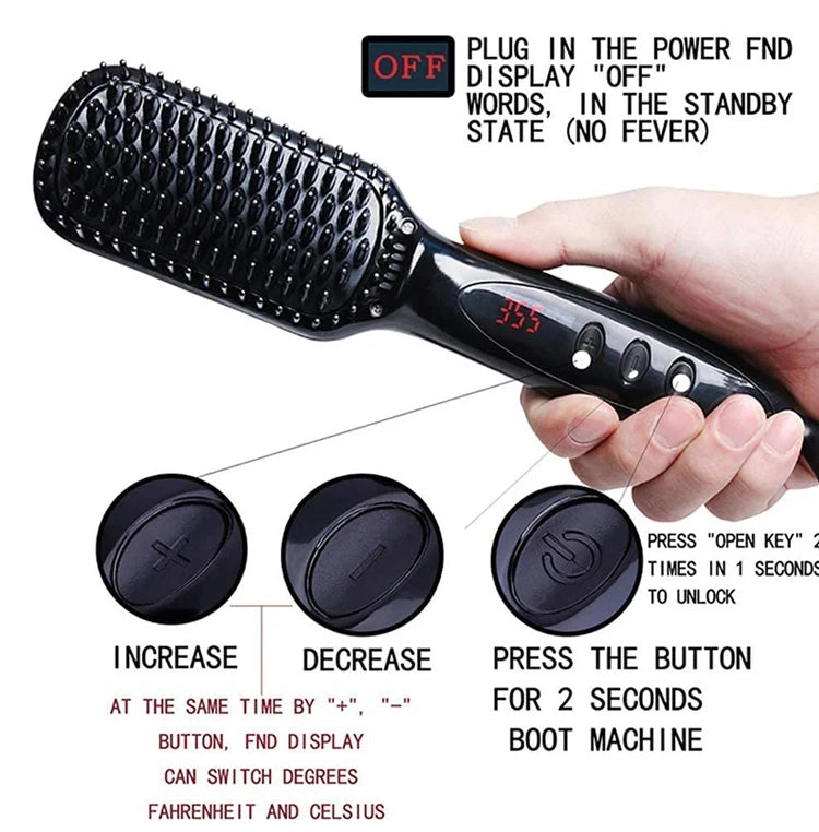 2-in-1 Hair Straightener Brush — Ceramic Heated Styling Comb, Anti-Scald