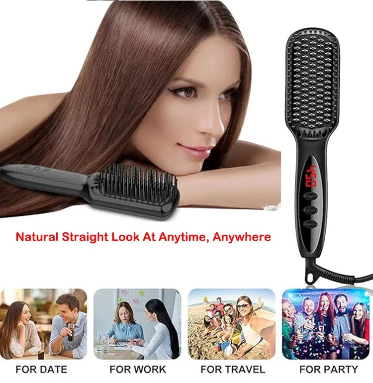 2-in-1 Hair Straightener Brush — Ceramic Heated Styling Comb, Anti-Scald