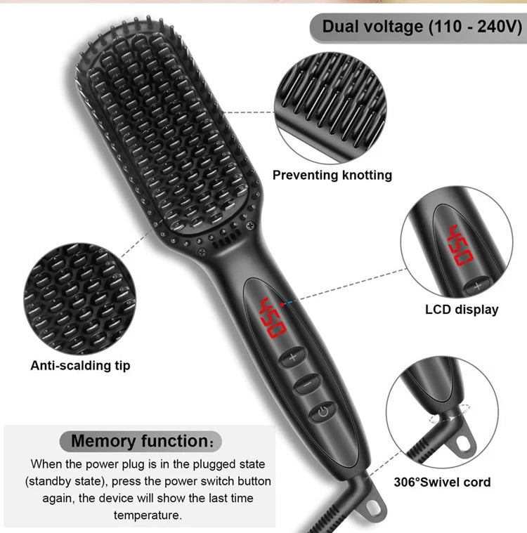 2-in-1 Hair Straightener Brush — Ceramic Heated Styling Comb, Anti-Scald