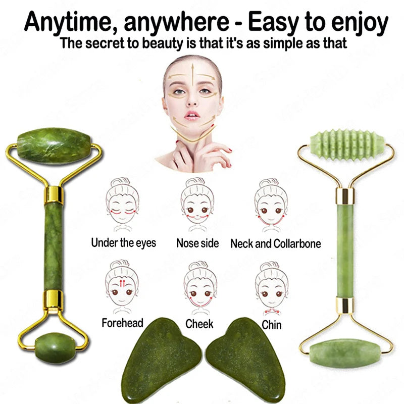Jade Gua Sha & Roller Set — Facial Massage Tools for Glow & Lift